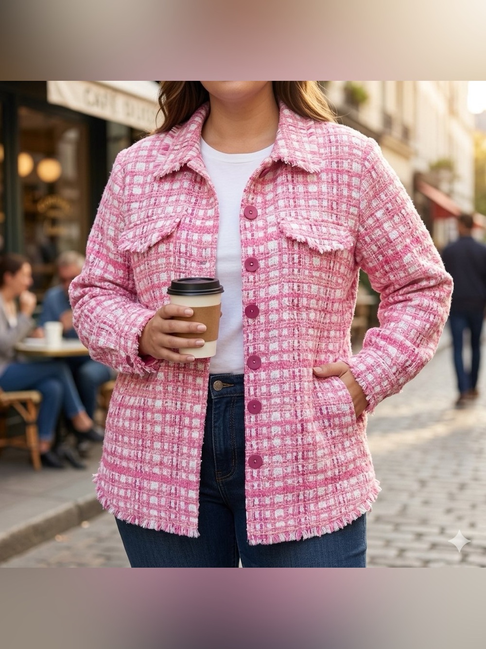 Jingle Belles by Kim Gravel Girl Boss Boucle Shacket Pink Plaid XL